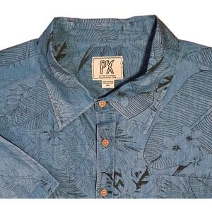 PX Clothing Button Front Denim Shirt with Tropical Palm Leaf Print sz 3XL